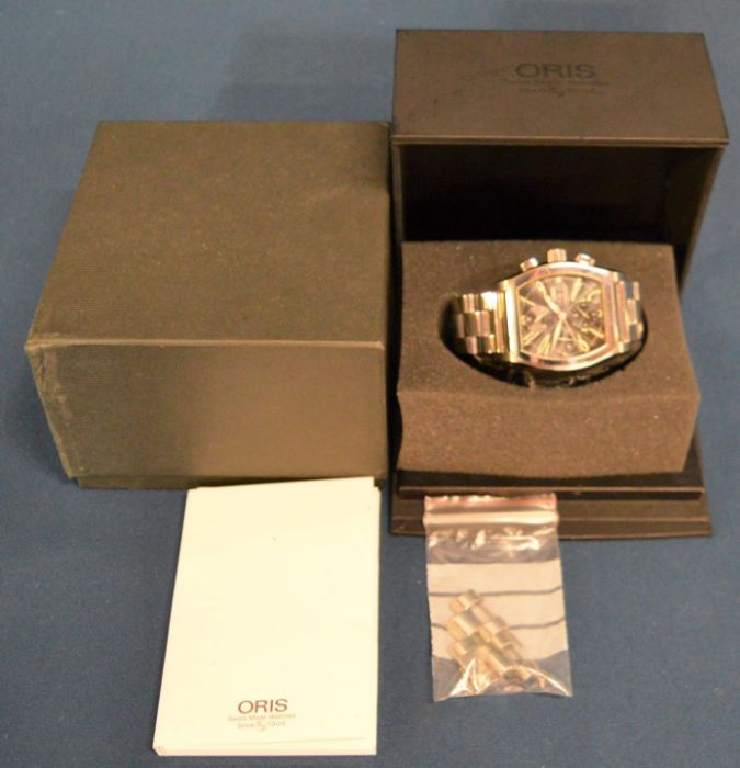 Oris automatic chronograph gents wristwatch with steel bracelet & additional links with box & case - Image 3 of 3