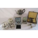 Collection of silver-plate including cruet set with a silver spoon, jewellery box and Stratton