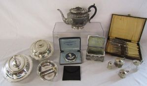 Collection of silver-plate including cruet set with a silver spoon, jewellery box and Stratton