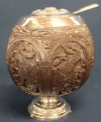 19th century Anglo Indian white metal mounted lidded coconut pot with carved decoration