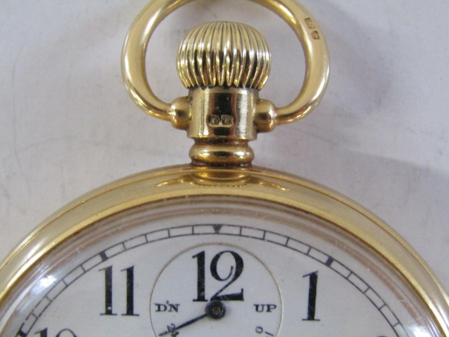 Waltham 18ct gold Maximus Vanguard 23 jewels pocket watch with top dial indicating the spring - Image 8 of 10