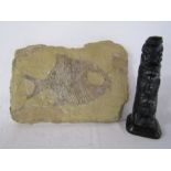 Black resin totem pole with frog top possibly BOMA approx. 20cm tall and a moulded plaster fossil