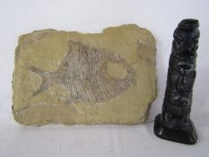 Black resin totem pole with frog top possibly BOMA approx. 20cm tall and a moulded plaster fossil