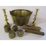 Brass jam pan, candle sticks, large threaded stop caps and a wood and brass level still with