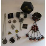 Collection of gothic style jewellery items include Dracula pin badges, Alchemy Gothic Watch,