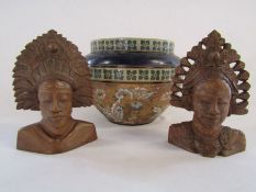 Doulton & Slaters Lambeth planter (some signs of repair to rim) and a pair of wooden Bali tribal