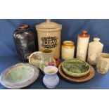 Selection of stoneware including bread bin, hot water bottles, jelly mould etc.
