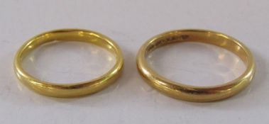2 x 22ct gold wedding bands one ring size O/P (3.46g) and the other ring size K/L (2.70g) - total