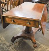 Early Victorian mahogany Pembroke table on a pedestal with scroll feet 110cm by 114cm