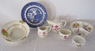 Carlton Ware hand painted tea set comprising of teapot, sugar bowl and milk jug, also Royal Crown