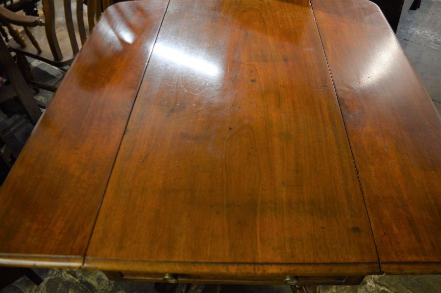 Early Victorian mahogany Pembroke table on a pedestal with scroll feet 110cm by 114cm - Image 3 of 3