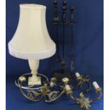 Companion set, 3 brass wall mounted light fitments, brass coal scissors & onyx table lamp