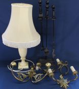 Companion set, 3 brass wall mounted light fitments, brass coal scissors & onyx table lamp