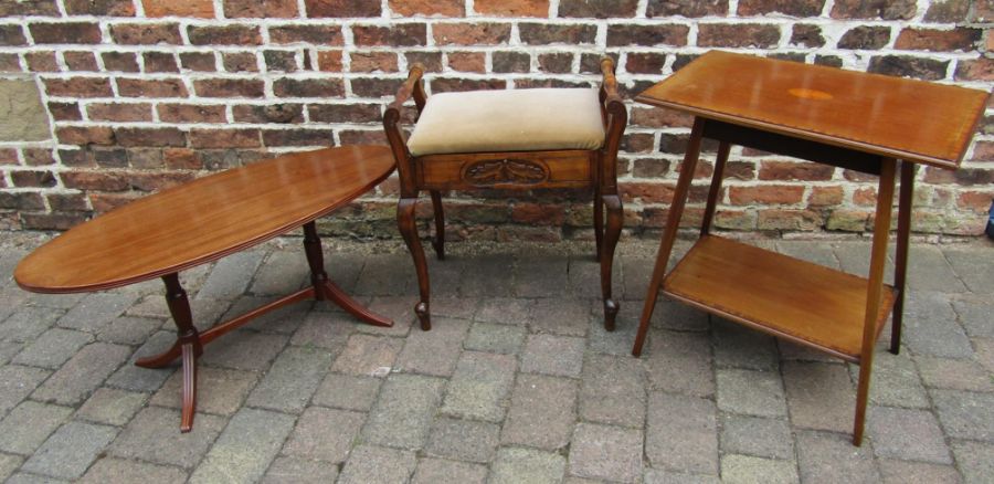 Regency style coffee table, Edwardian inlaid side table and early 20th century piano stool with lift