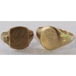 2 x 9ct gold signet rings one with engraving 'Love from Mary' ring size M/N and EH ring size X/Y -