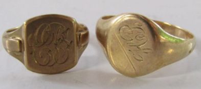 2 x 9ct gold signet rings one with engraving 'Love from Mary' ring size M/N and EH ring size X/Y -