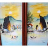 Pair of oils on canvas depicting Chinese boats by Cantonese artist Thomas (Thomas Mak Kon Yin b.