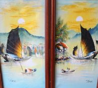 Pair of oils on canvas depicting Chinese boats by Cantonese artist Thomas (Thomas Mak Kon Yin b.