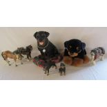 2 Rottweiler ornaments, a large sitting and soft toy Rottweiler also 2 Shire horses and another