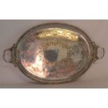 Large Victorian silver plated tray with ornate handles & engraving 82cm by 49cm