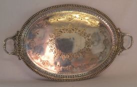 Large Victorian silver plated tray with ornate handles & engraving 82cm by 49cm