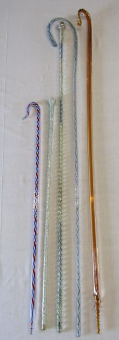 5 glass walking canes - clear glass Shepherd's crook with bold opaque white, red and blue spiralling