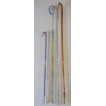 5 glass walking canes - clear glass Shepherd's crook with bold opaque white, red and blue spiralling
