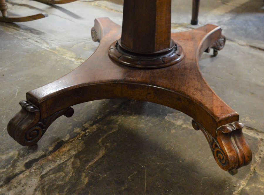 Early Victorian mahogany Pembroke table on a pedestal with scroll feet 110cm by 114cm - Image 2 of 3