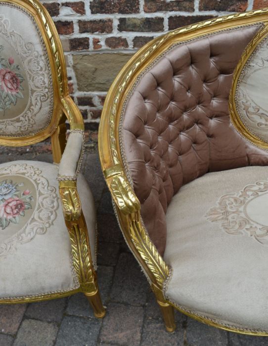 French gilded salon suite comprising a four seater sofa (L 194cm) & two open armchairs - Image 2 of 3