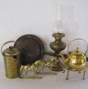 Collection of brass including oil lamp, kettle etc