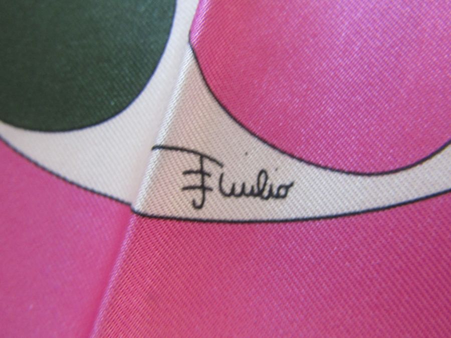 Small Emilio Pucci small silk scarf with shades of pink, green, gold and burgundy and a large - Image 4 of 8