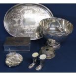 Silver plated gallery tray, Viners Alpha plate cigarette box, set of coasters, punch bowl, shell