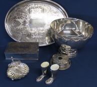 Silver plated gallery tray, Viners Alpha plate cigarette box, set of coasters, punch bowl, shell