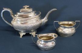 Silver 3 piece harlequin tea set comprising teapot London 1820 maker Thomas Wallis & Jonathan Hayne,