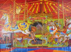 'Carousel' oil painting by Lincolnshire artist Mick Craven of the carousel at Lincolnshire steam