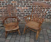 Victorian farmhouse rocking chair & a yew wood Windsor chair with repairs & cut down legs