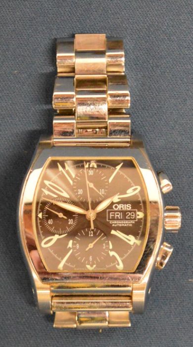 Oris automatic chronograph gents wristwatch with steel bracelet & additional links with box & case