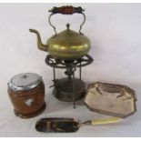 Primus No1 camping stove, brass kettle (with contents), some silver plate and a wooden barrel