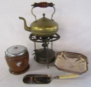 Primus No1 camping stove, brass kettle (with contents), some silver plate and a wooden barrel
