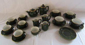 Apilco Bistro ware - Green and gold tea and coffee sets (small chip to teapot lid)