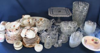 Large pressed glass vase & selection of glassware, meat plate, selection of Edwardian part tea