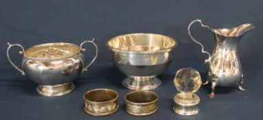 2 silver sugar bowls, silver milk jug, 2 silver napkin rings & glass stopper with silver collar