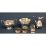 2 silver sugar bowls, silver milk jug, 2 silver napkin rings & glass stopper with silver collar