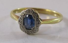 Victorian design 9ct gold ring with sapphire and diamonds - 9ct mark very worn - ring size N -