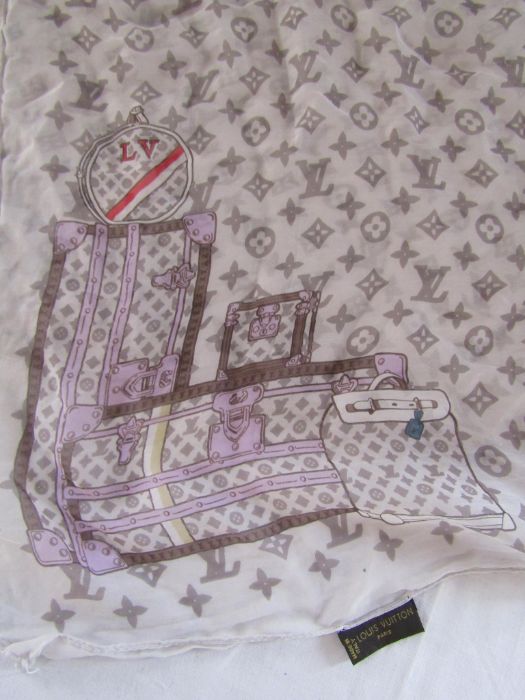 Louis Vuitton silk chiffon scarf with luggage design and LV print - Image 2 of 5