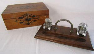 Wooden jewellery box approx. 25cm x 17cm x 10cm and wooden inkstand with glass ink wells