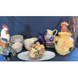 Quantity of Next Hutton tableware, Wade Gluggle jug, Portuguese pottery, large Indonesian cockerel &