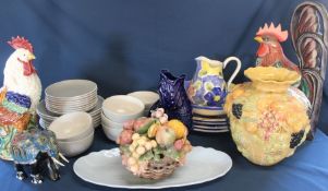 Quantity of Next Hutton tableware, Wade Gluggle jug, Portuguese pottery, large Indonesian cockerel &