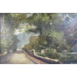 Alfred Vickers oil on canvas in gilt frame depicting lady walking down the lane - approx. 41cm x