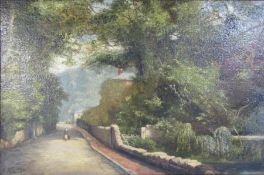 Alfred Vickers oil on canvas in gilt frame depicting lady walking down the lane - approx. 41cm x